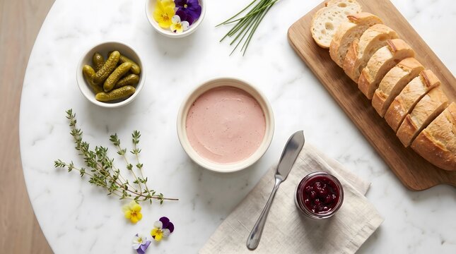 P&acirc;t&eacute; with cornichons baguette and preserves arranged artistically on a marble surface
