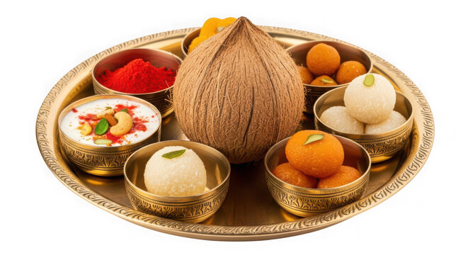 Traditional indian puja thali with coconut, sweets, and vermilion powder isolated on transparent background