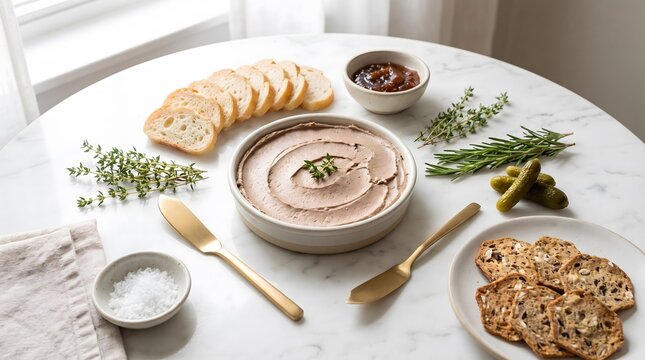 P&acirc;t&eacute; served with crostini and cornichons during a bright breakfast on a marble table