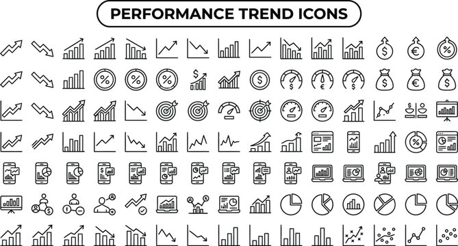 Performance trend icons represent various financial growth and decline metrics in a professional setting.