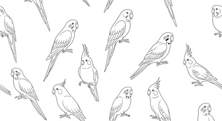 Fototapeta premium Decorative seamless pattern featuring outlines of various parrots and cockatiels for creative design work and crafts.