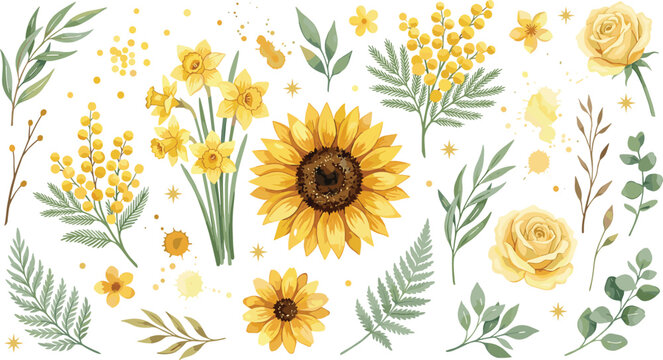 Set of watercolor yellow flower and leaf vector icons featuring bright sunflower daffodil mimosa roses and botanical garden elements with paint splatters