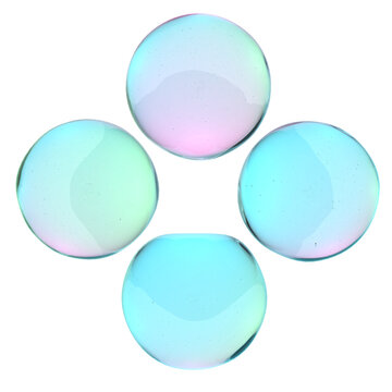 Four glowing iridescent 3D glass spheres or liquid gel drops with cyan and pastel green reflections arranged symmetrically, isolated on a transparent background