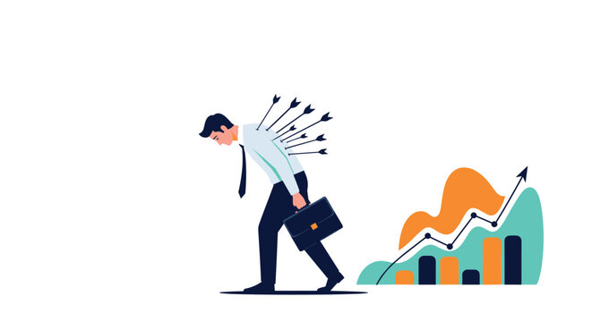 Businessman walking away with many arrows in his back while a rising bar chart growth graph is in the background.
