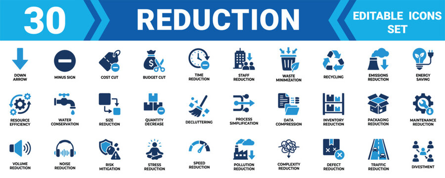 Set of 30 reduction icons representing efficiency cost cutting waste management and business optimization Editable Vector Illustration Mega pack