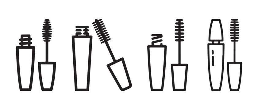 Mascara icon set for beauty design. Cosmetic makeup tools and lash applicator line art collection.