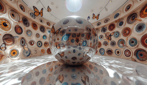 A large ball covered in numerous colorful circles, creating a vibrant and playful appearance.