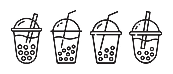 Boba tea icon set. Vector line art illustration of bubble milk tea drinks in disposable plastic cups. © Safali
