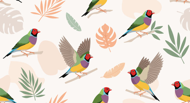 Vibrant seamless pattern featuring colorful Gouldian finches and tropical monstera leaves on white background for fabric.