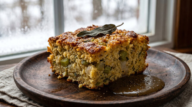 A delicious slice of savory stuffing on a wooden plate with gravy and herbs on top