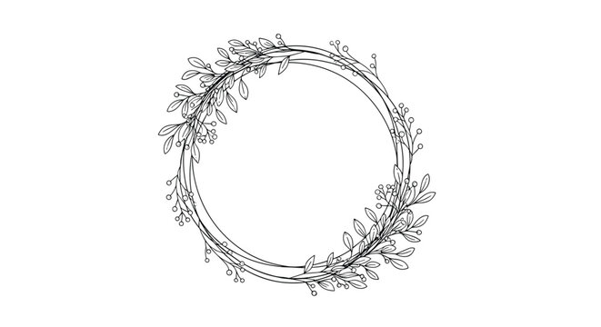 Delicate black and white line art floral wreath made of thin intertwined branches with small leaves and berry clusters.