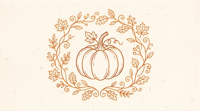 Autumn pumpkin inside a wreath of leaves