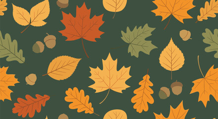 Fototapeta premium Beautiful autumn seamless pattern with various colorful fallen leaves and acorns on a dark forest green background.