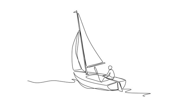 animated continuous line drawing of person sailing a dinghy sailboat. man navigating a small sailboat, travel, leisure, and water sports concept. line art animation