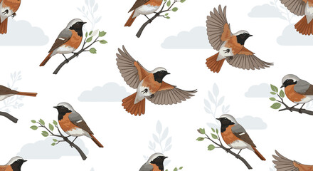 Obraz premium Seamless pattern of small songbirds with orange breasts and grey wings depicted in various flying and perched positions.