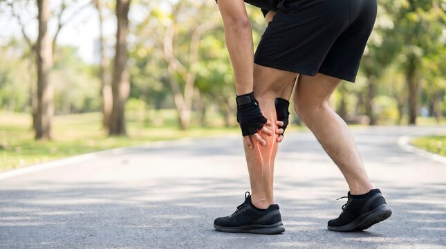 Runner's leg pain during outdoor exercise with focus on injured muscle