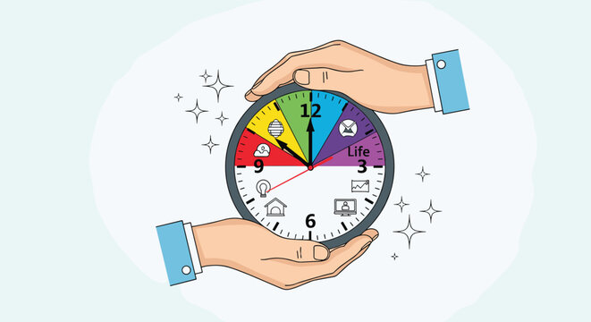 Pair of hands protecting a colorful clock face with icons representing various aspects of work-life balance and a healthy daily routine.
