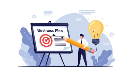 Naklejka premium Person using a giant pencil connected to a light bulb to write a business plan on a white presentation board with a target.