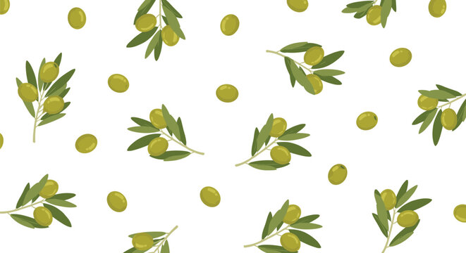 Elegant olive branch pattern with green olives and leaves on a white background for Mediterranean food and healthy products.