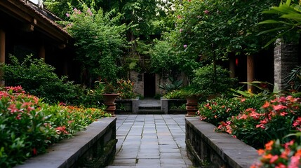 Fototapeta premium An eye level view of a textured ancient temple courtyard surrounded by lush greenery and vibrant floral blooms