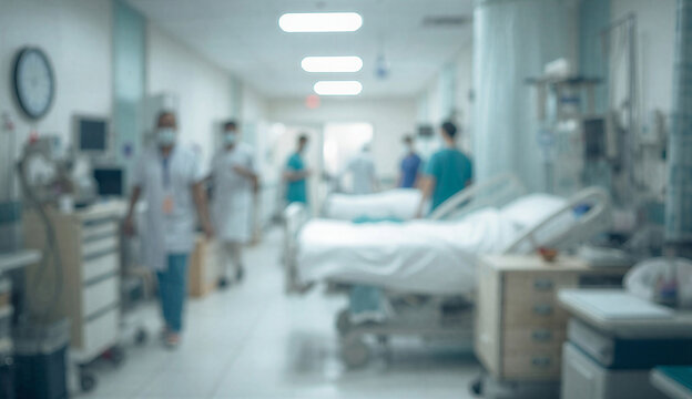 Blurry hospital hallway with several people walking, conveying a busy healthcare environment.