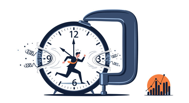 Man running inside a giant alarm clock being squeezed by a metal clamp representing intense pressure and extreme time constraints.