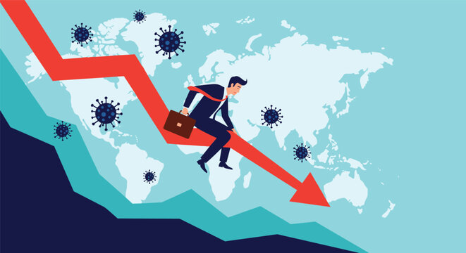 Stressed businessman sliding down a falling red arrow over a world map with virus icons representing a global economic crisis.