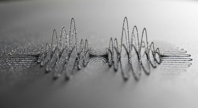 Black and white image of a sound wave pattern on a gray surface