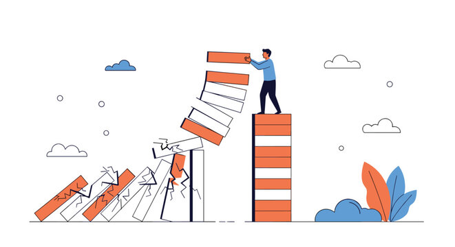 Diligent businessman building a wall by placing bricks while other parts of the structure are falling and breaking apart.