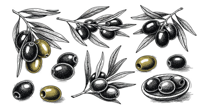 Detailed vintage style hand-drawn illustration of olive branches with leaves and ripe black and green olives on a white background.