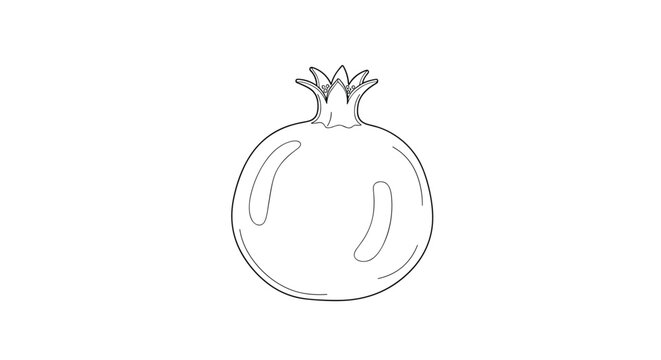 Minimalist black and white line art illustration of a whole pomegranate fruit with subtle stippling for depth on a white background.