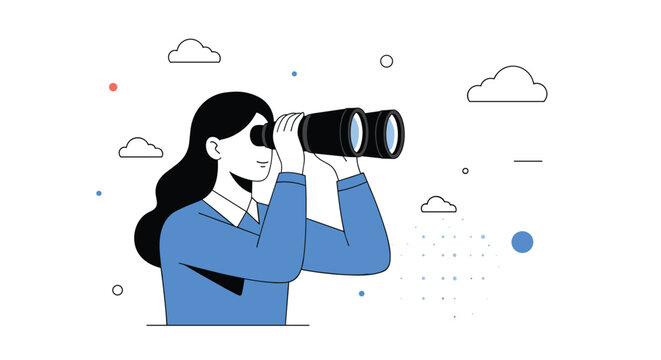 Professional woman in a blue shirt looking through large black binoculars to search for future business opportunities.