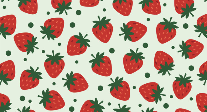 Fresh seamless pattern featuring red strawberries with green leaves and small dark green dots on a pale green background.