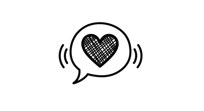 Hand-drawn black line illustration of a speech bubble containing a cross-hatched heart shape with vibrating lines on a white background.