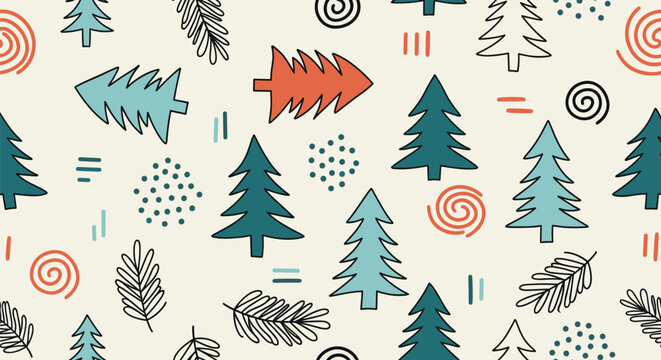 Modern abstract seamless pattern with various pine tree shapes, swirls, and dots in teal, red, and black on an off-white background.