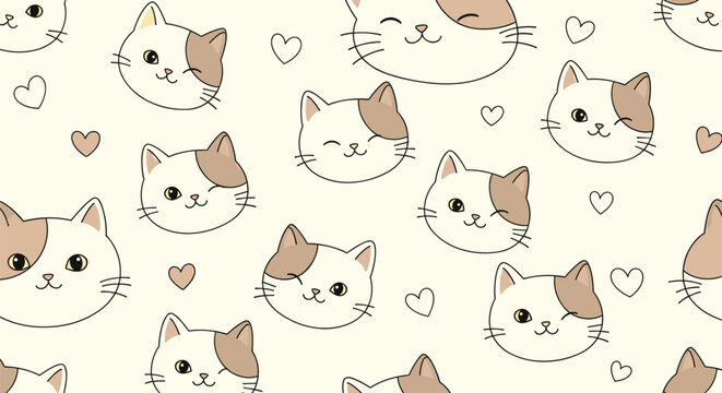 Playful seamless pattern of white and brown cat heads with different expressions and small hearts on a light beige background.