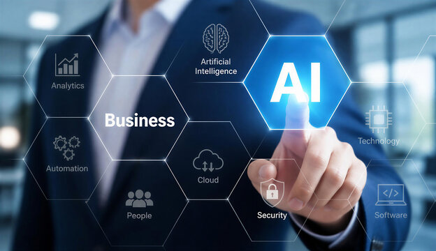 A digital illustration depicting an AI business concept with interconnected nodes and data flow, symbolizing innovation and technology.