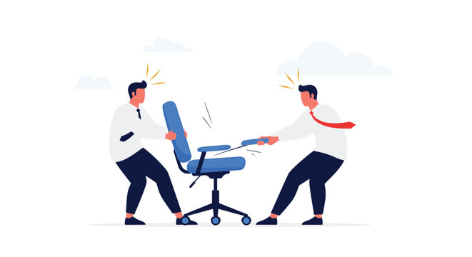 Two businessmen fighting over a blue office chair in a corporate setting representing workplace competition and professional conflict.