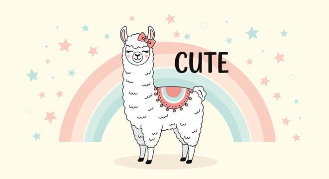 Adorable white llama character wearing a pink bow and saddle blanket in front of a pastel rainbow and starry background with cute text.