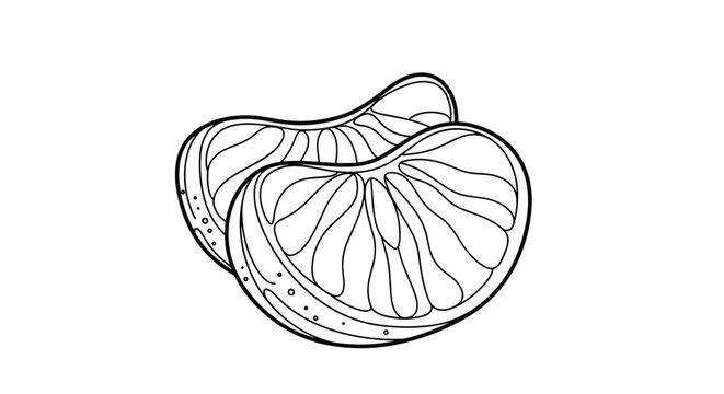 Simple black and white line art illustration shows two segments of a juicy mandarin orange or tangerine isolated on a clean white background.