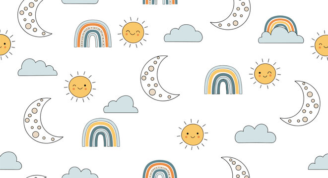 Whimsical seamless pattern displays happy suns, crescent moons, rainbows, and soft grey clouds in a cute hand-drawn style for nursery wallpaper.