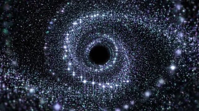 Twinkling starfield vortex, a mesmerizing cosmic tunnel, sparkling glitter particles forming a spiral galaxy, abstract space background for science and technology visuals