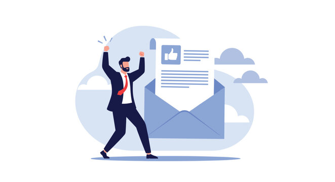 Excited businessman celebrating after receiving a positive email with a thumbs up icon representing good news and corporate success.