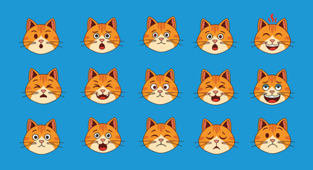 Fototapeta premium Fifteen cat emoji faces with various expressions like happy, sad, angry, and surprised are arranged on a solid blue background.