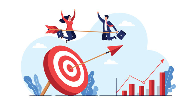 Successful team riding a giant arrow towards a target with a growth chart representing hitting business goals and collective success.