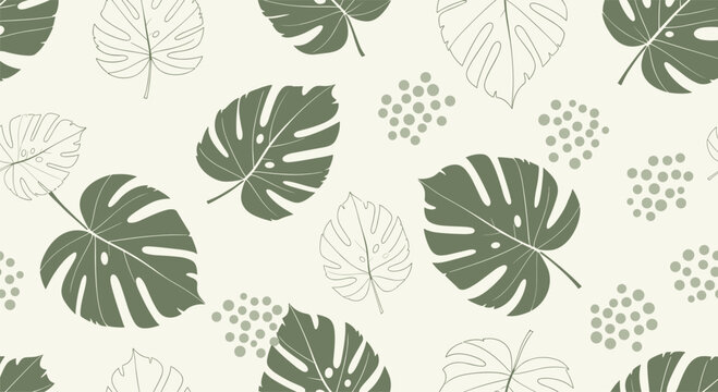 Tropical seamless pattern featuring large green monstera leaves and abstract dots on a soft cream background for modern home decor.