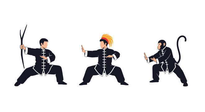 Three figures including a monkey are shown practicing kung fu or martial arts in various traditional stances and black uniforms.