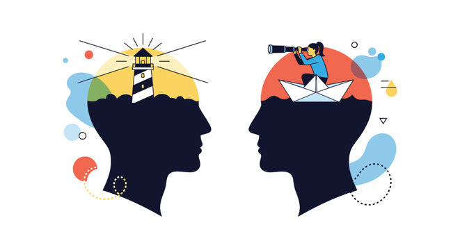 Two human silhouettes with a lighthouse and a boat inside their heads representing vision and leadership in the business world.