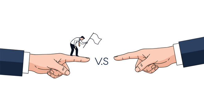 Tiny professional with a white flag standing on a giant finger pointing at another finger representing workplace mediation and peace.