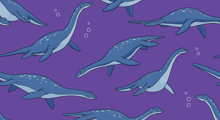 Naklejka premium Prehistoric sea creature pattern featuring blue plesiosaurs swimming in deep purple water with air bubbles for ancient marine themes.